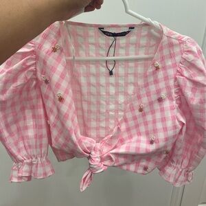 Zara Pink Checkered Tie-Front Top